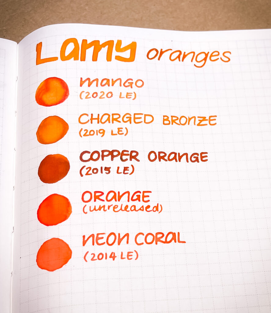 Lamy ink swatches for various orange and orange-adjacent inks